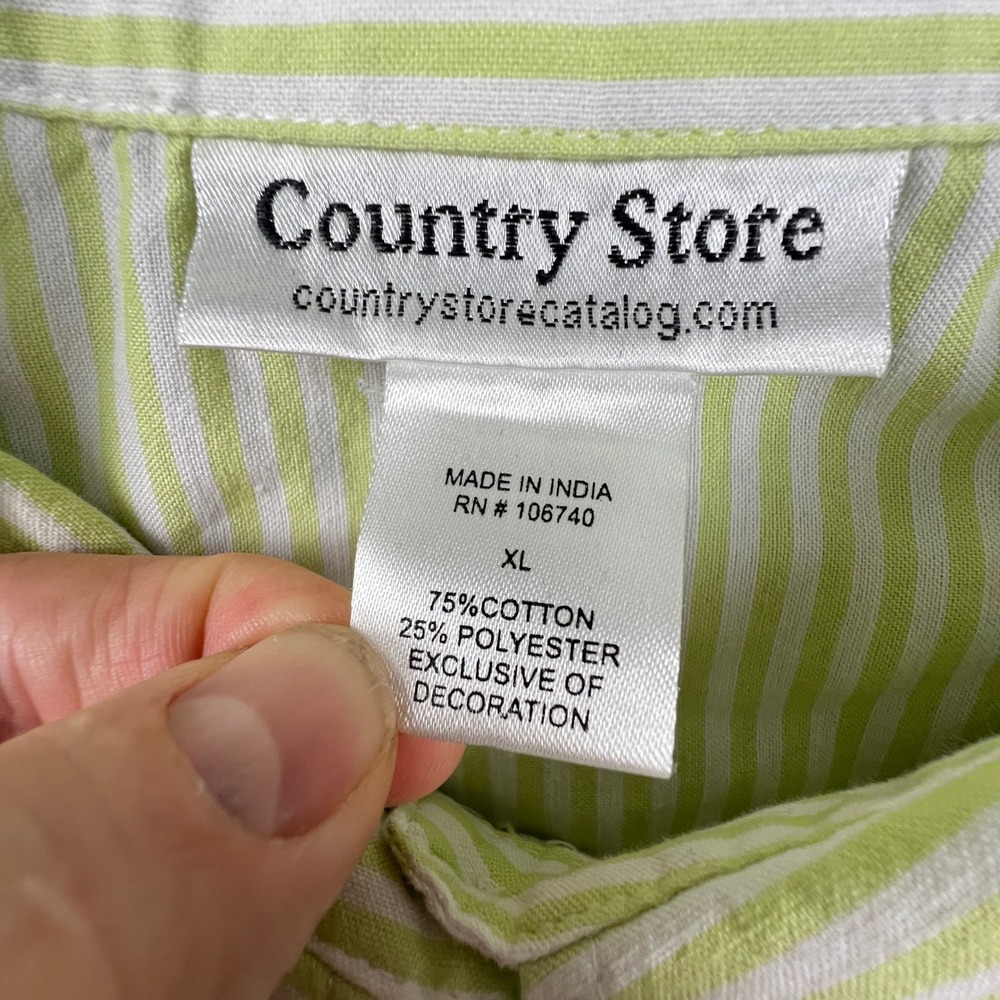 Country Store Button Down Shirt Womens XL Green Striped Floral Embroidered Top - Picture 2 of 14